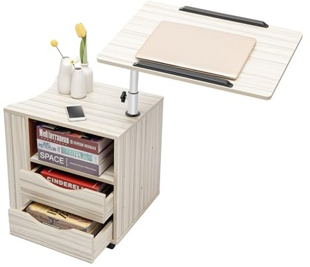 DAOHHFO Nachttisch Schlafzimmer - Funktioneller Drehbarer Verstellbarem Nachttisch mit 2 Schubladen - Betttisch auf Rollen und offenen Regalen - Holz Laptoptisch für Schlafzimmer und Büros