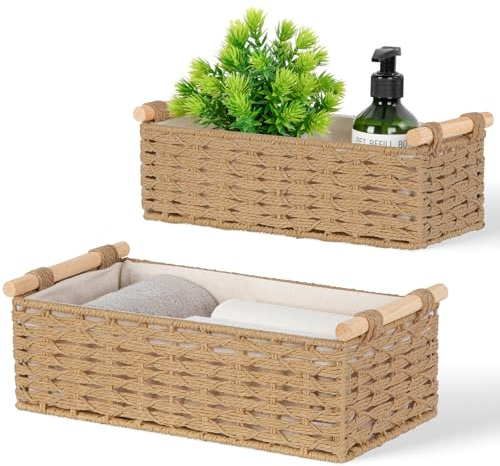 Aevcvok Panier de Rangement Salle de Bain, Lot de 2 Panier Rangement avec Doublure, Paniers pour Etagères Corbeille Rangement, Bohême Panier Osier Empilable pour Salle de Bain, Salon (Jute)