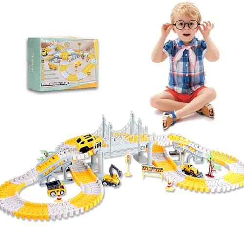 SNZ 221 Stück Autorennbahn Rennbahn Set, Auto-Spielzeug – Flexiblen Schienen, DIY-Bahn, BAU-Spielzeug Set, Flexible Track Kran Spiele – Geschenke für Kinder 3 4 5 6 Jahre alt Jungen Mädchen