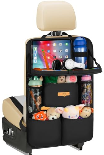 SURDOCA Car Seat Organiser Kids with Foldable Tray – 7 Pockets, Roadtrip Essentials – Fits Most Vehicles