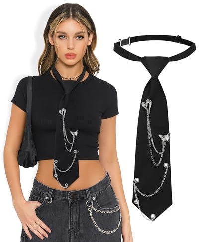 JENSVOIR Tie for Women - Black Heart Chain Punk Metal Necktie Pre-Tied Adjustable Necktie for Uniform School Shirt Accessory