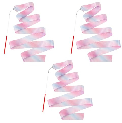 Classicseali Lot de 3 bandes de gymnastique avec bâton, bande de danse rose, 2 m de long, bandes rotatives pour danse, gymnastique rythmique et spectacles de bande, accessoires de danseuse de ballet