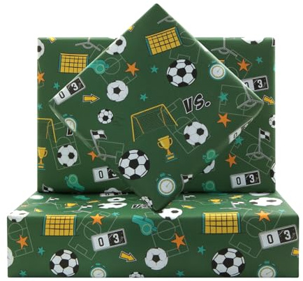 Geschenkpapier für Fußball, Fußball, Sport, Pokal, Geschenk, Grün, 4 Bögen, 50 x 70 cm pro Blatt, Geburtstagsgeschenkpapier für Jungen, Kinder, Männer, Geburtstagsparty
