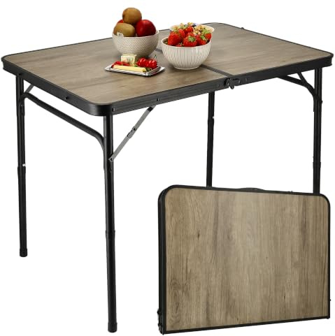 Table de camping pliable 90 x 60 cm aspect bois – Table pliante pliante avec hauteur réglable 40/70 cm, pour 4 personnes, charge jusqu'à 30 kg pour balcon, jardin, pique-nique et caravane