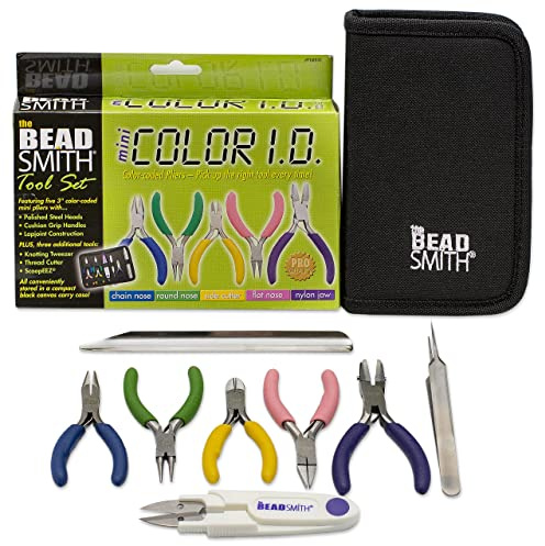 Beadsmith Mini Color-ID Tångsats – 7,6 cm, 8 delar, kedjetång, rundtång, sidotång, plattång, plattång med nylonkäkar, pincett, trådklippare, pärlsked och canvasfodral – för smyckestillverkning