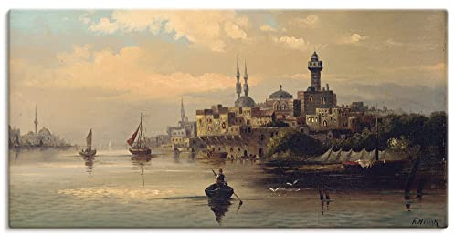 ARTLAND Wanddeko Leinwand Bilder Wandbild 100x50 cm Türkei Istanbul Fluss Boot Kauffahrtsschiffe auf dem Bosporus Impressionismus Karl Kaufmann T6QB