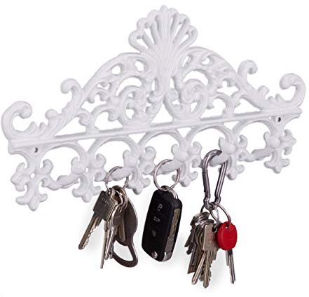 Relaxdays Garderobenleiste aus Gusseisen, 5 Haken, Antiker Landhausstil, HBT: ca. 17 x 35 x 3,5 cm, Hakenleiste, weiß