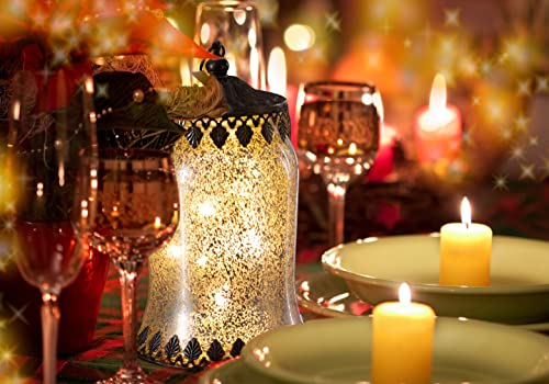 Jinfa | Farol de Vidrio con Luces LED para Exterior | Farolillo para Exteriores, Interiores, centros de Mesa, sin Llama | Color Plateado | Forma de Campana