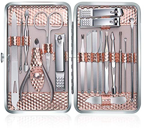 Kit Manucre Pedicure - Coupe Ongle Professionnel Coupe Cuticule Acier Inoxydable - Trousse Manucure Pedicure Set de 18pcs avec Exquis La Boîte by Keiby Citom (Or rose)