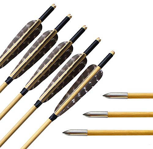 SHARROW 6st Bågskytte Pilar Träpilar 31 Handgjord Traditionell Träpil Målpilar Träpilaxlar med 5 tum Naturfjädrar Metall Pilspets för Recurve Båge Långbåge (Typ 1)