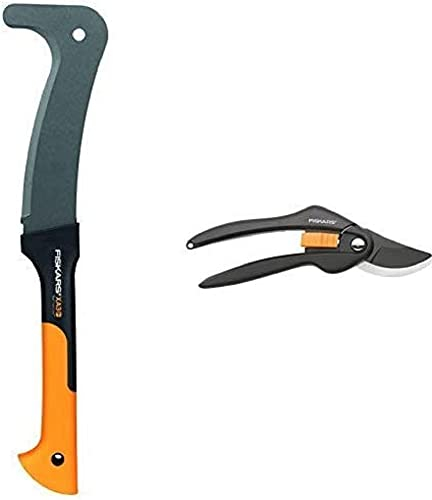 Fiskars Machete, Länge: 50,5 cm, Antihaftbeschichtet, Gehärtete Stahlklinge/Glasfaserverstärkter Kunststoffgriff, WoodXpert & Bypass-Gartenschere für frische Äste und Zweige, Länge 20 cm, SingleStep