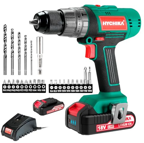 HYCHIKA 18V Cordless Drill, 45 N.m Electric Screwdriver, 27 PCS Power Drill, 21+3 Torque, 2 Speed, LED Work Light, 2.0 Ah Battery, Charger, Electric Drills Cordless for Home and Garden DIY