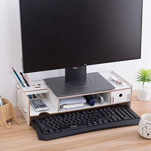 HKPLDE Monitorständer Holz Stabiler Mit Schubladen Ergonomisches Bildschirmständer Abnehmbarem Bildschirmerhöhung-Weiß-48x20x12.3cm