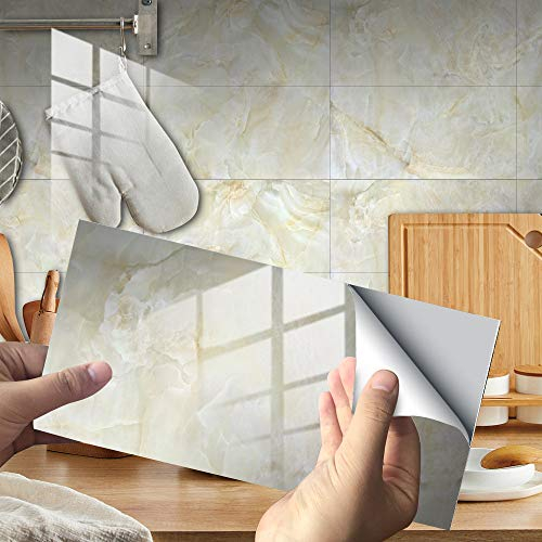 Hiser Adesivi per Piastrelle Marmo, Impermeabile a Prova di Olio PVC Autoadesivo Decorazione, Facili da Staccare e Applicare Adesivi Pavimento per Bagno Cucina Parete, 30x15cm (Beige,16 Pezzi)