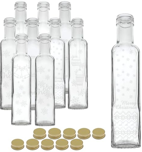 gouveo 10er Set Glasflasche 250 ml (0,25 l) Maraska mit goldfarbenem Schraubverschluss PP 31,5, eckige Klarglasflaschen mit 5 Weihnachtsmotiven zum Befüllen & Dekorieren (MFET250GXMAS5)