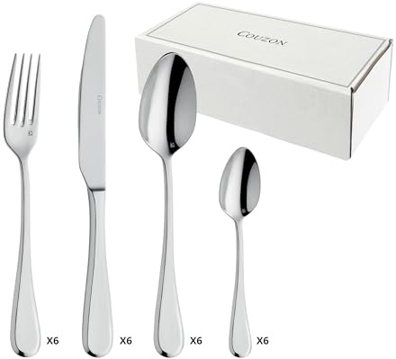 COUZON - Ménagère 24 couverts de table pour 6 personnes - Dunes - Acier inoxydable 18/10, Finition Miroir, Epaisseur 3 mm - Inox