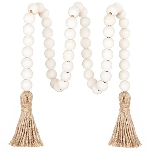 Meplait 39in Wood Bead Garland with Tassels, Farmhouse Rustic Decor Prayer Beads Boho Tassel Garland Wall Hanging Home Decor (Nature) | Boho Wall Hanging Home Decor, Handmade Natural Wooden Beads, Decorative Beads for Shelf, Tray, Mantel, Festival