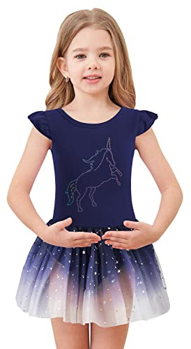 EQSJIU Unicorn Ballet Leotards with Tutu for Girls Toddlers Dance Cotton Tulle Skirts Dress 6-7 Years Darkblue