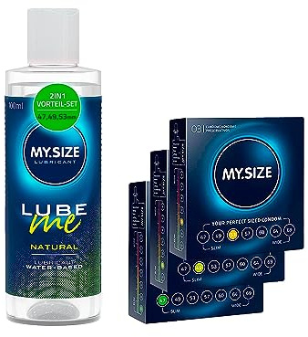 MY.SIZE Kondom + Gleitgel Set mit 100 ml Lube Me Natural & 3x3 Kondome 47, 49, 53 mm | Wasserbasiertes Gleitmittel | Lubricant Gel für Toys & Latexkondome geeignet