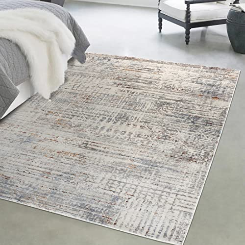 Mazovia Modern Teppich - Vintage Abstract Muster - Weich Teppich für Wohnzimmer, Schlafzimmer, Esszimmer - ÖKO-TEX Wohnzimmerteppich Shrink Polyester – Kurzflorteppich Grau Beige 140 x 200 cm
