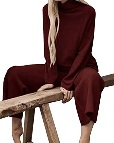 Onsoyours Suéter De Punto Traje Wide Leg Pantalones Y Sudaderas Conjuntos De Tejido De Invierno Mujer Color Sólido Casual Conjuntos De 2 Piezas para Jerseys A Rojo XL