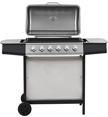 Gasgrill mit 6 Brennern, BBQ Station Grill mit Fettauffangschale & Thermometer, Haube & Rollen, Grillwagen Gusseisen Grillrost Grillstation Camping, Edelstahl
