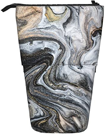 Teleskopisch Mäppchen Marmor Schwarz Weiß Gold Aquarell Bleistifte Tasche Grosse Kapazität Make-Up Tasche Mit Reißverschluss Griffelmappe, Für Schule, Büro