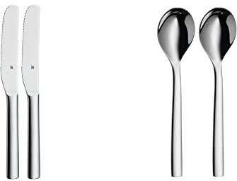 WMF Nuova Brunchmesser Set 2-tlg, Frühstücksmesser 19,5 cm & Nuova Müslilöffel Set 2-teilig, 16,5 cm, Joghurtlöffel, Cromargan Edelstahl poliert spülmaschinengeeignet