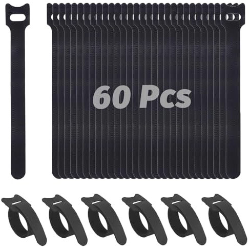 zoerbufan Fascette Cavi 60 Pezzi,Fascette riutilizzabili,6 Colori Fascette Adesivo 150mmx12mm per Disposizione, raggruppamento Organizzare i Cavi Fibre Sintetiche (Nero)
