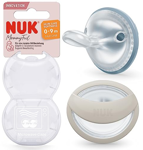 NUK MommyFeel Tétine pour bébé | 0-9 mois | Sucettes compatibles avec l'allaitement | Silicone sans BPA | Bleu jeans et gris-beige | Lot de 2