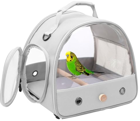 Interfashioner Vogeltrage, tragbare Vogeltrage für Papageien, Sittiche, Wellensittiche, kleine Vögel mit Edelstahl-Tablett und Holzstange (grau)