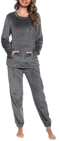 Lovasy Pigiama in Pile Donna Invernali Pigiami Due Pezzi a Maniche Lunghe | con Cappuccio Set Pigiama Caldo Comodo e Soffice con Tasche