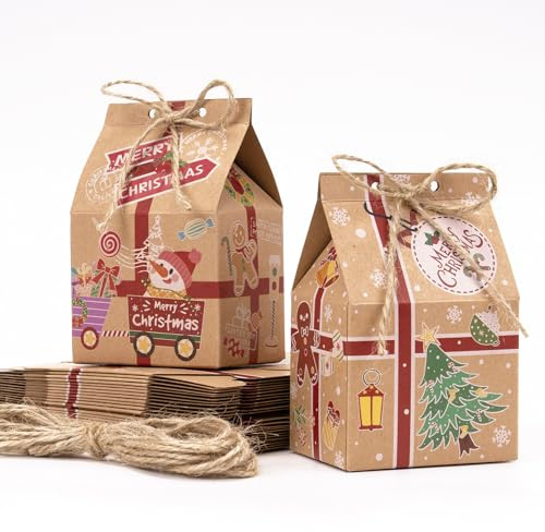 Larcenciel Kraft Geschenkbox Weihnachten, 26 Stück Hausförmige Keksschachtel Süßigkeiten Box für Weihnachtsgeschenke, Niedlicher Weihnachtsmann Geschenkkarton für Bonbon, Kekse, Popcorn, 16,5x14,5x4cm