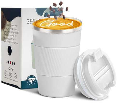 YINBAOGE Taza de café de viaje aislada, a prueba de derrames y fugas, vaso de café portátil de acero inoxidable, taza de café térmica reutilizable con tapa para bebidas calientes y frías (blanco, 12