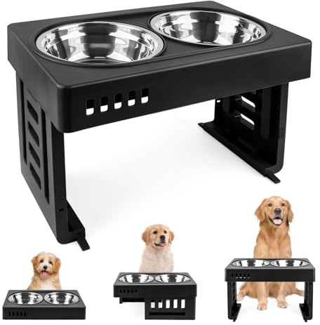Erhöhter Hundenapf, Fressnapf Hund Erhöht mit 3 Höhenverstellbar Rutschfester Napf mit Verstellbarem Ständer für Große Mittelgroße Kleine Hunde &Katzen (44 * 27,5 * 7 cm – schwarz)