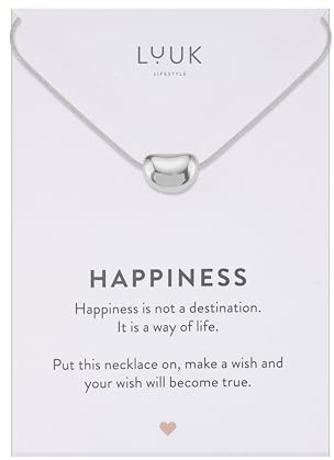 LUUK LIFESTYLE Collana con ciondolo Fagiolo e acciaio inossidabile (50 cm), carta HAPPINESS, portafortuna, gioielli moderno, idea regali donna, lei, ragazza, compleanno, argento
