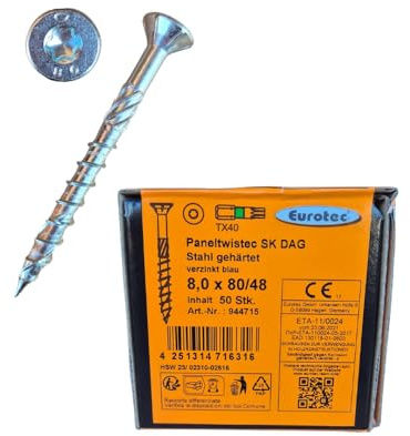Vis ossature bois 8x80 mm - Vis charpente et assemblage bois - Eurotec Paneltwistec AG - Tête fraisée - Acier galva bleu et trempé - Torx TX40 - Boîte de 50 vis