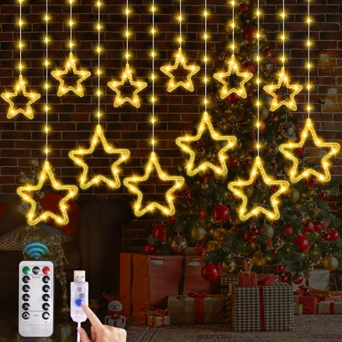 JORETLE 144 LED Lichterkette Sterne Weihnachtsbeleuchtung,3.6m Fenster Lichter USB mit 8 Modi,Timer,Fernbedienung und Haken,Lichterkette Innen Sterne für Garten,Balkon,Weihnachtsdeko Warmweiß