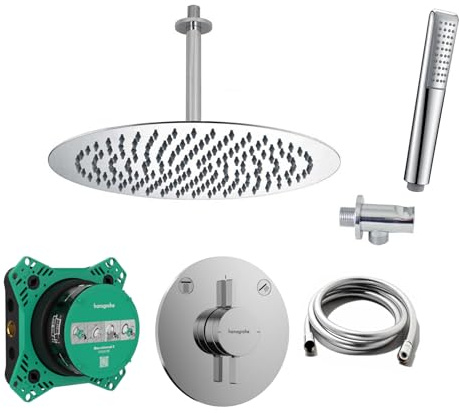 vanvilla Duschsystem Unterputz mit Duscharmatur Hansgrohe HG206 poliert | Duscharmatur von Hansgrohe DuoTurn S und vanvilla Regendusche Duschkopf rund, Dusch-SET poliert