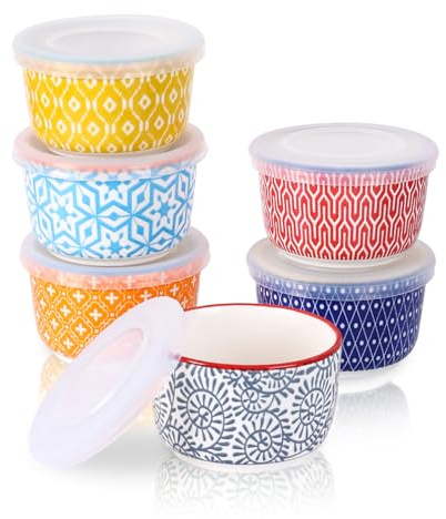 Selamica 6 oz Ramekins with Lids Oven Safe, Creme Brulee Ramekins Souffle Dishes with Covers, Pudding Custard Cups Stackable Ceramic Mini Ramekin Bowls Set for Baking, Dipping, Set of 6, Assorted Colors