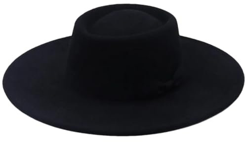 Damenhut mit breiter Krempe, solide, flache Spitze, Wolle, Fedora-Filz, Hüte mit Schleife, Kirche, Hochzeit, Panama-Mütze, Schwarz , Einheitsgröße