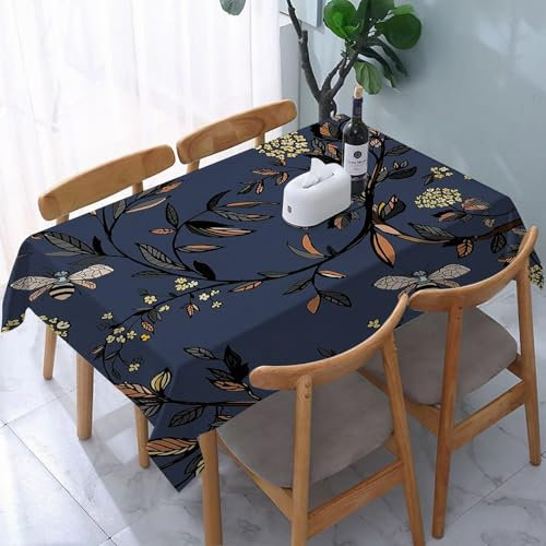 Garten Tischdecken Rechteckig,Floral Retro Blatt ation Farm Biene Hortensie Blume Botanisc,Fleckschutz Wasserdicht Tischtuch für Draußen Esszimmer,Küche,Garten,Party,Hochzeiten oder Haushalt 137x183cm