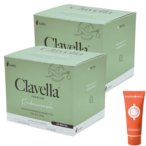 Clavella premium 2x 60 Beutel I Nahrungsergänzungsmittel für Frauen mit Kinderwunsch I körperliche Vorbereitung auf Schwangerschaft I Folsäure I Myo-Inositol I Spar-Set plus Pharma Perle give-away