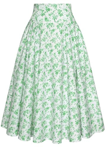 Belle Poque Gonna da donna a vita alta, in stile vintage retrò, tinta unita, con tasche, a campana 2111, Verde floreale., XXL
