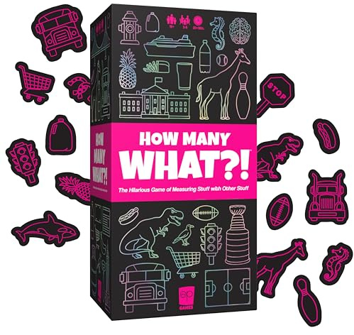USAopoly How Many What?! – Hilarious Party Game of Ridiculous Comparisons – Family Game Night Favorite – for 3–8 Players – Ages 10+ – Includes 150 Cards, Dry-Erase Boards, and Tokens