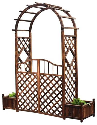 LMXRYPD Holzbogen mit Tür und Blumenkästen, Hochzeitsbogen Outdoor-Rankhilfe für Kletterpflanzen, Garten- und Hinterhofdekoration