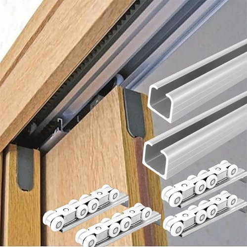 27FT Double Sliding Pocket Door Hardware Kit Silver Ceiling/Side Mount Track & Rollers for Barn Wardrobe Closet & Cabinet Smooth Bypass Tracking Cuttable Design