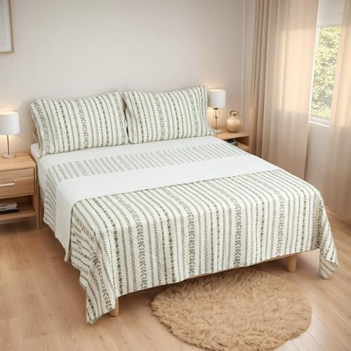 Etrexonline Juego de Sábanas 4 Piezas para Cama de 150 cm - Microfibra Suave y Transpirable, Incluye 1 Bajera Ajustable, 1 Encimera y 2 Funda de Almohada - Color Rama Verde
