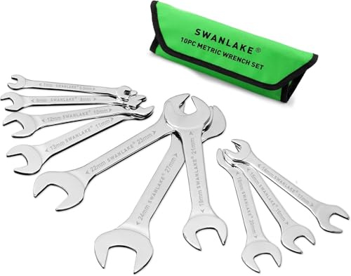 SWANLAKE 10-Piece Metric Super-Thin Open End Wrench Set, Carbon Steel, 5.5, 7, 8, 9, 10, 11, 12, 13, 14, 15, 16, 17, 18, 19, 20, 21, 22, 23, 24, 27mm, Slim Spanner Set with Rolling Pouch