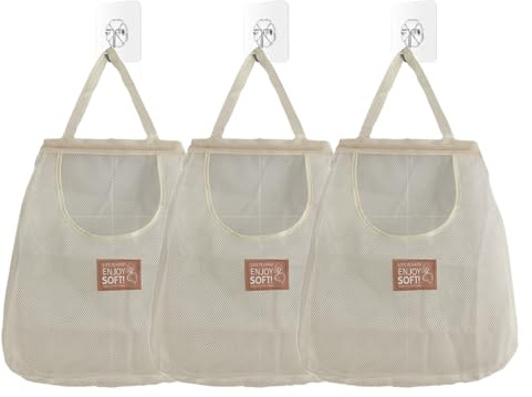 3er-Pack Einkaufstaschen aus Netzstoff + 3 Haken, wiederverwendbare Taschen zum Aufhängen an der Wand für die Aufbewahrung in Küche, Zuhause und Wohnmobil